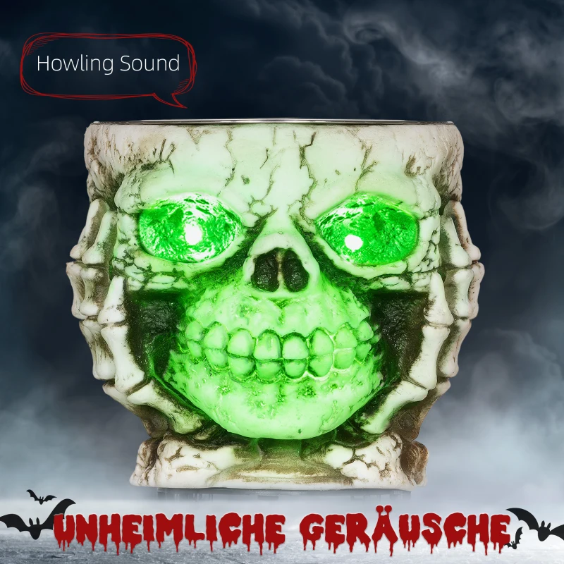 HOMCOM Halloweendekoration, Skelett-Süßigkeitenschale, leuchtende Augen, unheimliches Heulen, Grau/Schwarz(m-4)