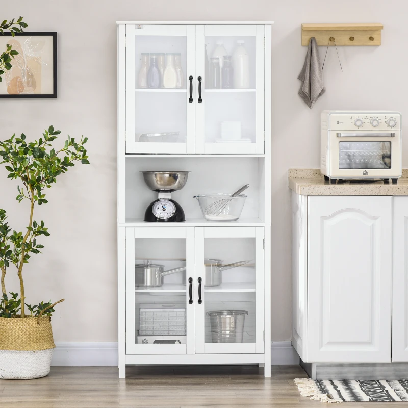 HOMCOM Buffet haut armoire de cuisine 4 portes vitrées et 1 niche centrage hauteur 172 cm avec étagères réglables blanc