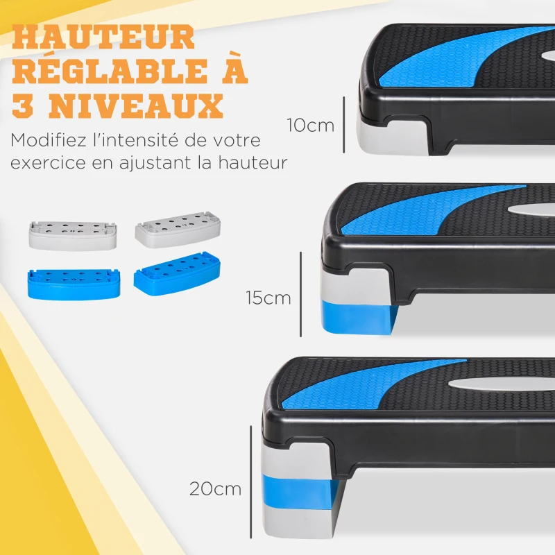 HOMCOM Stepper Fitness Aérobic hauteur réglable 10/15/20 cm surface antidérapante 80 x 31 x 20 cm noir bleu