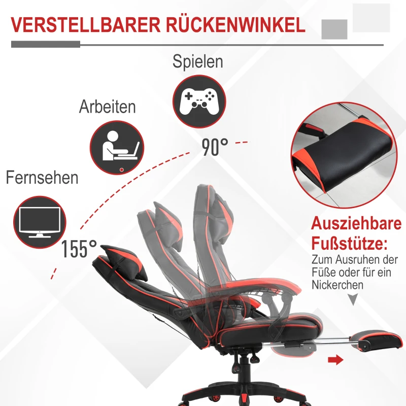 Vinsetto Bürostuhl Schreibtischstuhl mit Kopfkissen Fußstütze Drehstuhl Liegestuhl höhenverstellbar Kunstleder Nylon Schwarz+Rot 67 x 69 x 115-123 cm