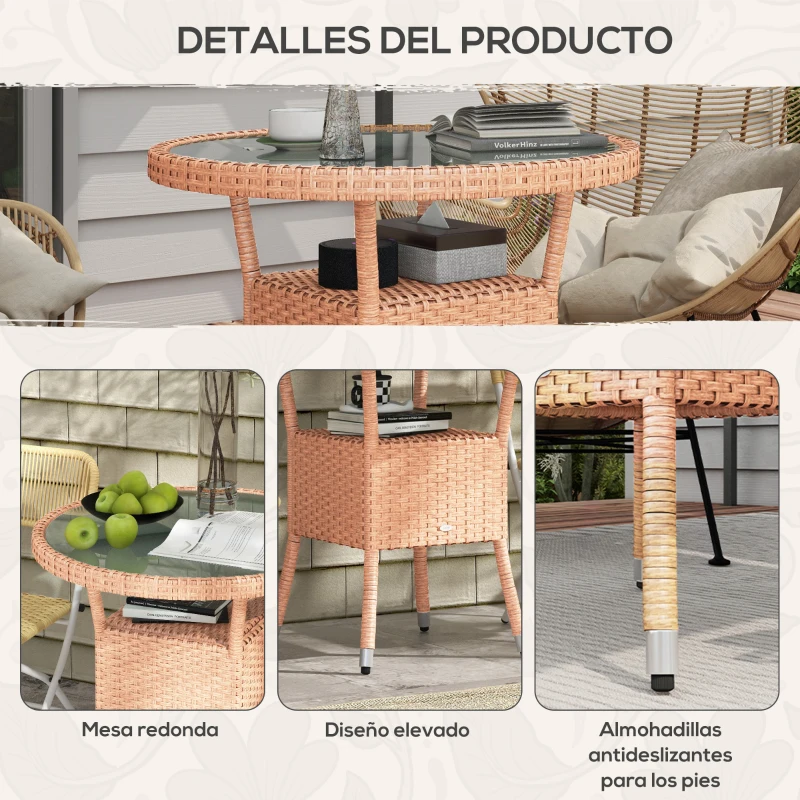 Outsunny Mesa de Ratán Ø80x75 cm Mesa de Jardín con Estante Patas Ajustable Encimera de Cristal y Marco de Acero Natural