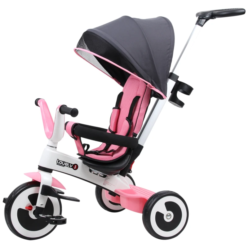 HOMCOM Tricycle enfant évolutif pare-soleil pliable canne télescopique amovible 115L x 54l x 96H cm métal rose blanc noir