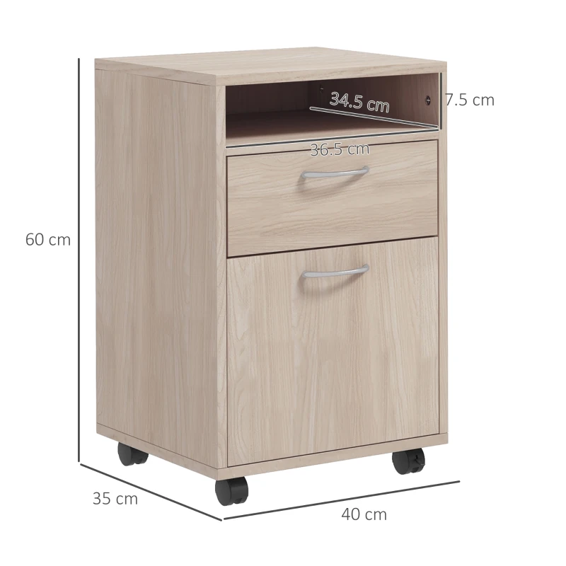 HOMCOM Cassettiera da Ufficio Portadocumenti con Ripiano Aperto e 2 Cassetti, in Legno e Metallo, 40x35x60 cm, Rovere