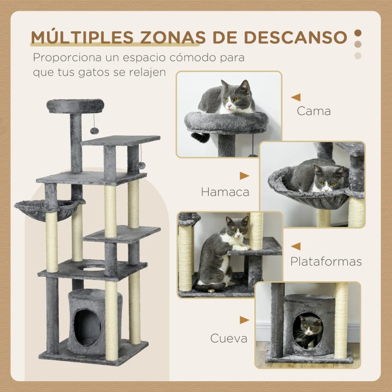 PawHut Torre para Gatos Grande de 144 cm con Postes para Rascar Cama Cueva Plataformas y Bolas Colgantes 49x49x144 cm Gris