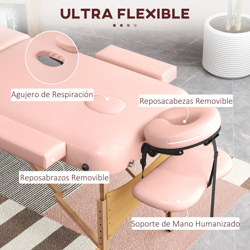HOMCOM Camilla de Masaje Plegable con Reposacabezas Extraíble Asa Marco de Madera y Altura Regulable 210x81x67-92 cm Rosa