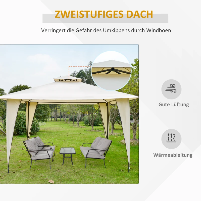 Outsunny Pavillon Partyzelt mit Doppeldach 3,45x3,45x2,68m Festzelt Gartenlaube Metall Polyester Beige