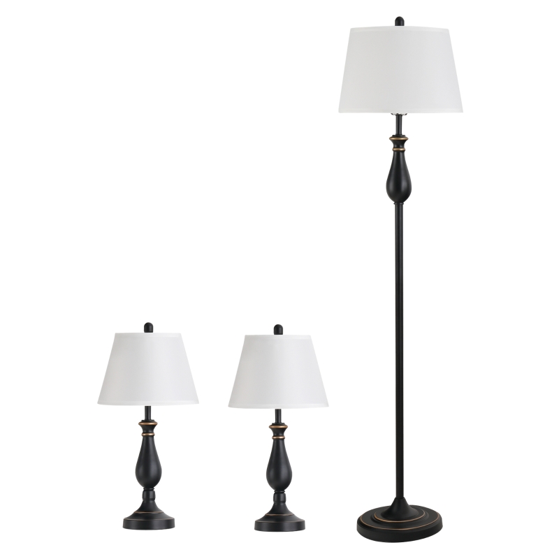 HOMCOM 3er-Lampenset 2 Tischlampe(ø30 x 62H cm) + 1 Stehlampe(ø38 x 158H cm)  Vintage, Schwarz+Weiß, Metall, PS, Polyester, Baumwolle E27 Lampensockel