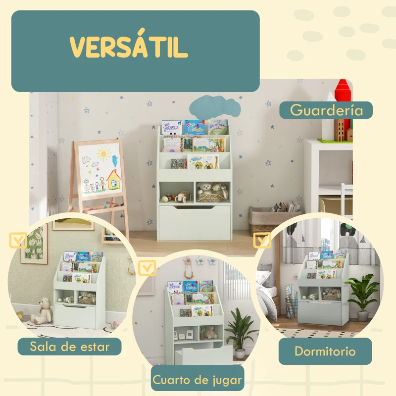 HOMCOM Estantería Infantil de Madera con 3 Compartimentos 2 Cubos y Cajón Móvil con 4 Ruedas 60x29,9x90 cm Verde