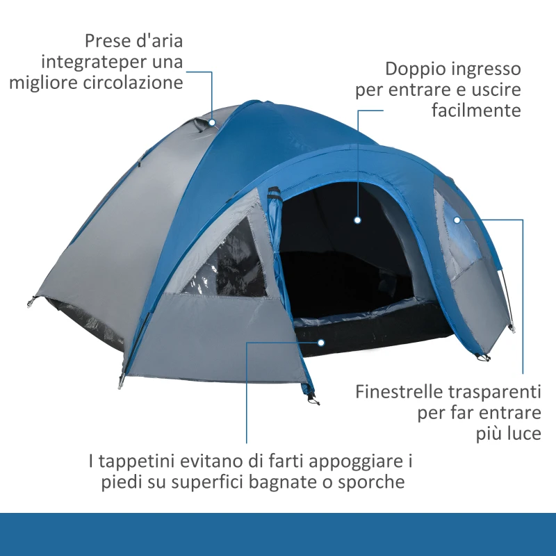 Outsunny Tenda da Campeggio 2 Posti con Tasche e Gancio, in Poliestere e Fibra di Vetro, 3x2.50x1.30 m, Blu