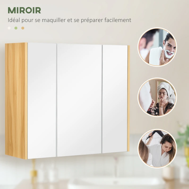 kleankin Armoire miroir salle de bain armoire de toilette miroir 3 portes 4 étagères réglables 68 x 22 x 60 cm blanc