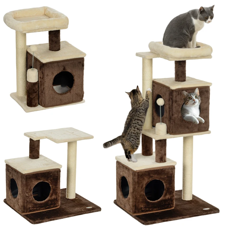 PawHut Katzenbaum, teilbarer Katzenturm mit Kratzpfosten, Sprungplattformen, für den Indoor-Bereich, Dunkelbraun+Weiß