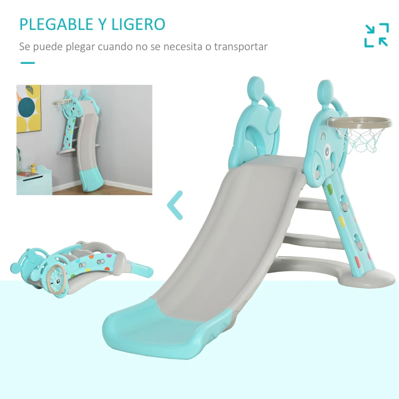 HOMCOM Tobogán para Niños +18 Meses Plegable 2 en 1 con Canasta de Baloncesto Modelo Jirafa Juguete Infantil para Interiores y Exteriores 140x87x85,5 cm Azul y Gris