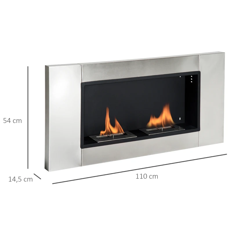 HOMCOM Cheminée bioéthanol Murale encastrable brûleur 2*0,9 L, environ 3 h de durée de combustion 110L x 14,5l x 54H cm Couverture 25-30 m² Acier inox