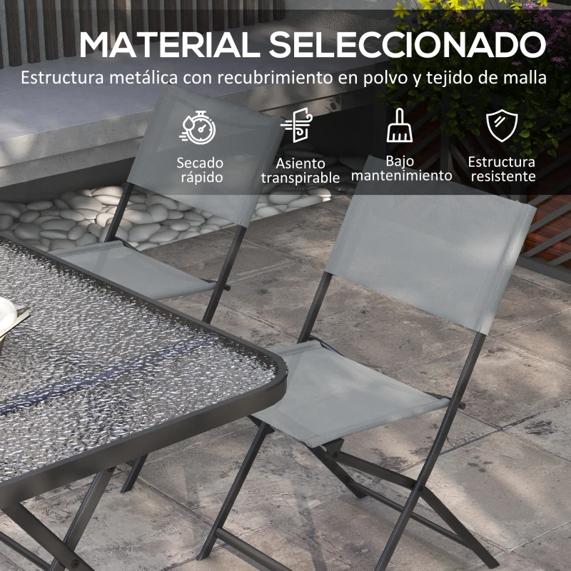 Outsunny Conjunto de Mesa y 4 Sillas de Jardín Plegable con Mesa de Vidrio Templado Estilo Moderno para Terraza Patio Gris