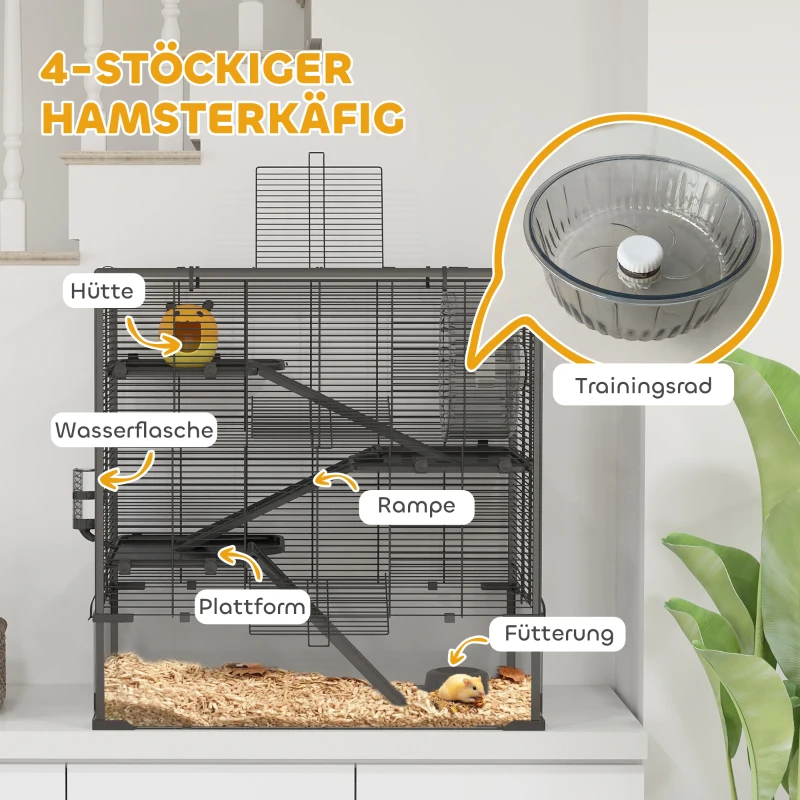 PawHut Hamsterkäfig mit Glasboden, 4-stufiges Hamstergehege mit Hütte und Zubehör, 78,5L x 48,5B x 80H cm, Schwarz(m-5)