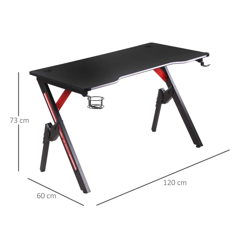 HOMCOM 1.2m Gaming Desk w/ RGB Light Steel Frame | Racing Style Computer Table w/ Cup Holder Headphone Cable Management | Study Workstation Home Bedroom - Black