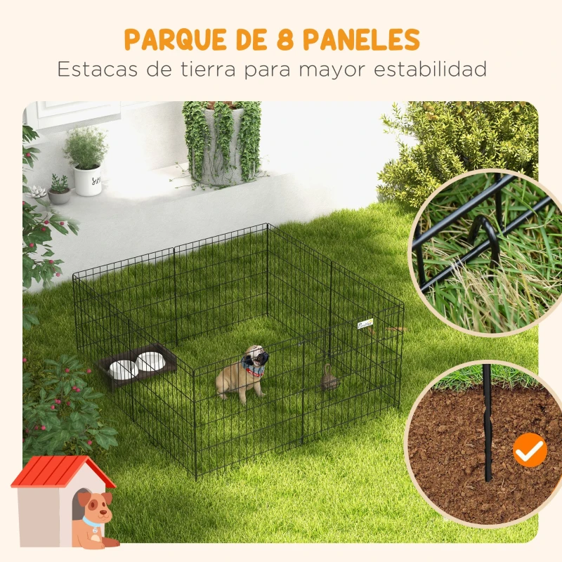 PawHut Parque de Juegos para Perros 8 Paneles 61x61 cm Jaula Metálica para Mascotas con Puerta y Doble Cerradura Negro