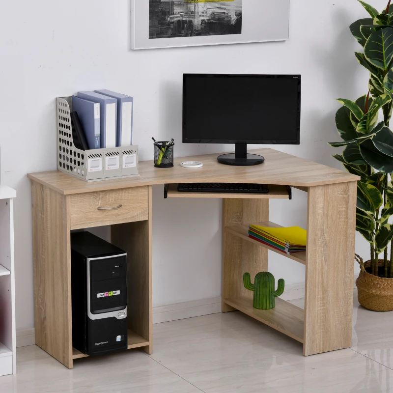 HOMCOM Bureau Informatique d'angle tiroir Tablette Clavier étagère - dim. 120L x 70l x 75H cm - Panneaux Particules chêne Clair