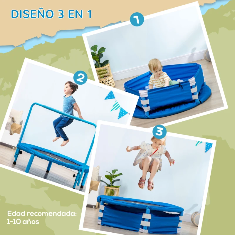 ZONEKIZ 3 en 1 Cama Elástica Infantil Trampolín para Niños de 1-6 Años con Mango Extraíble Ø96x74 cm Azul