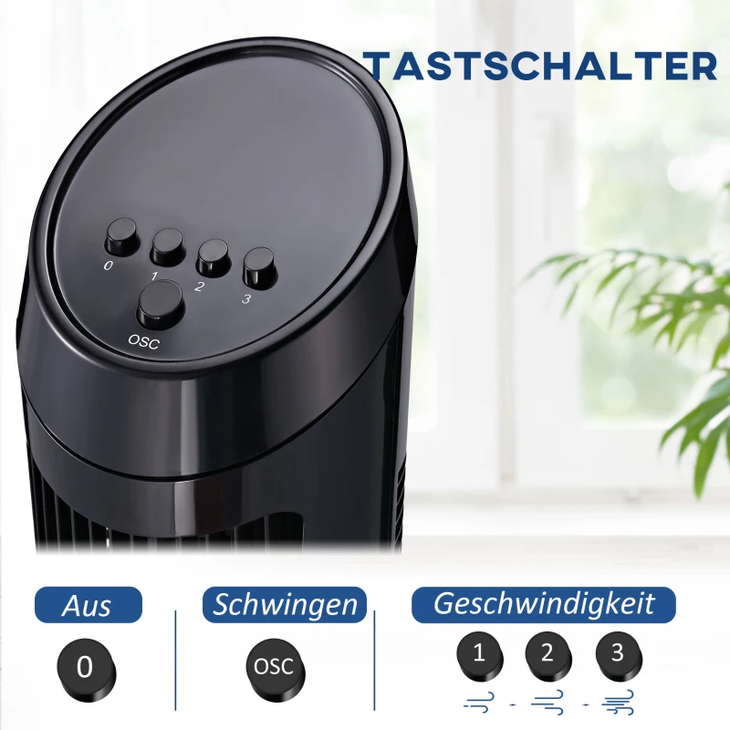 HOMCOM Standventilator 45 W Turmventilator Ventilator leise 3 Belüftungsstufen, 70° Oszillation, ABS, Schwarz, Ø27 x H75 cm