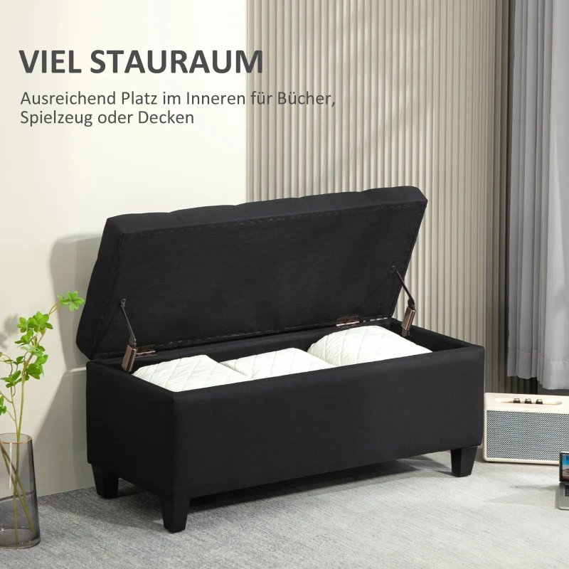HOMCOM Sitzbank mit Stauraum, Truhenbank, leinenartiges Polyester, Kautschukholz, Schwarz, 100 x 40 x 44 cm