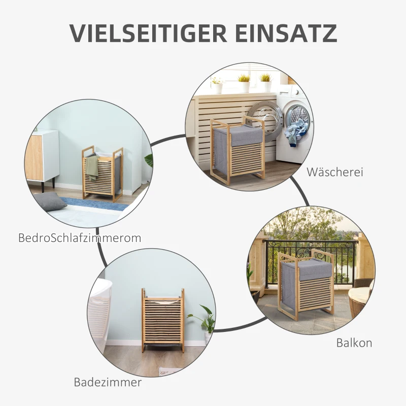 HOMCOM Wäschekorb Wäschebox Wäschesammler mit waschbarem Wäschesack Deckel Wäschesack Tuchsack Bambus leinenartiges Polyester Natur+Grau 40 x 35 x 60,5 cm