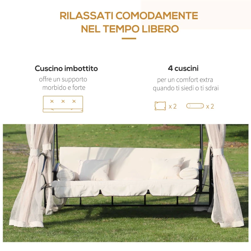 Outsunny Dondolo 3 Posti e Lettino Singolo Copertura a Gazebo con Zanzariera e Cuscini 256x172x248cm Crema