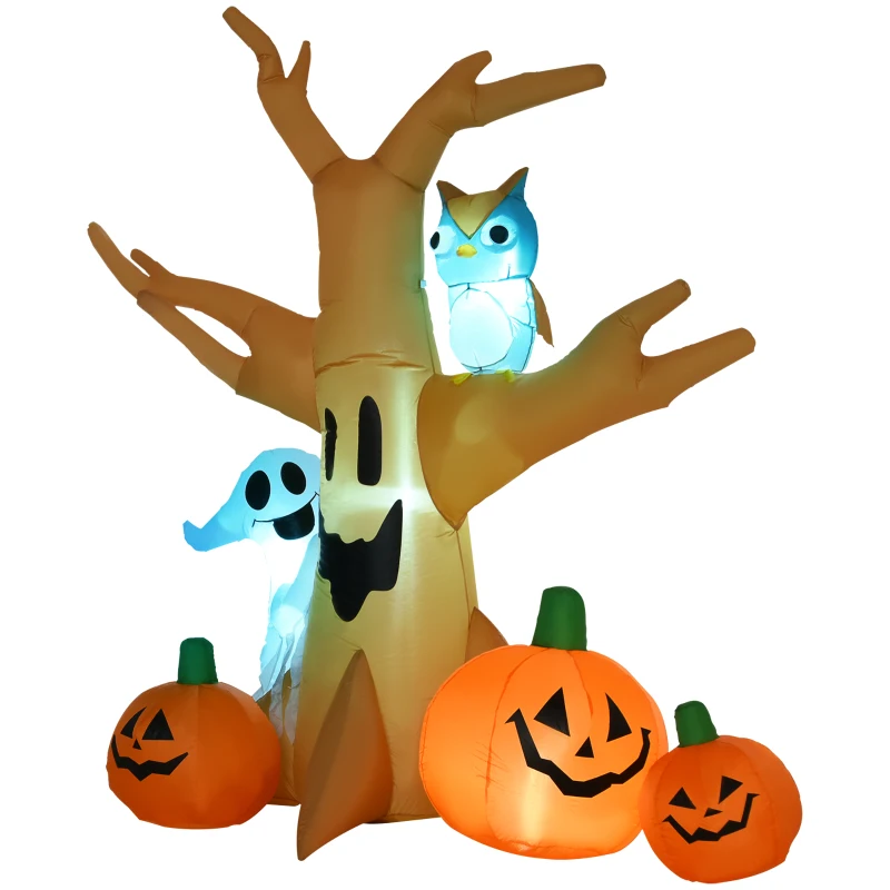 HOMCOM 240cm Large Halloween Scary Lighting Inflatable Tree Ghost 3 Pumpkins Owl 4 LED Indoor Outdoor Holiday Decoration