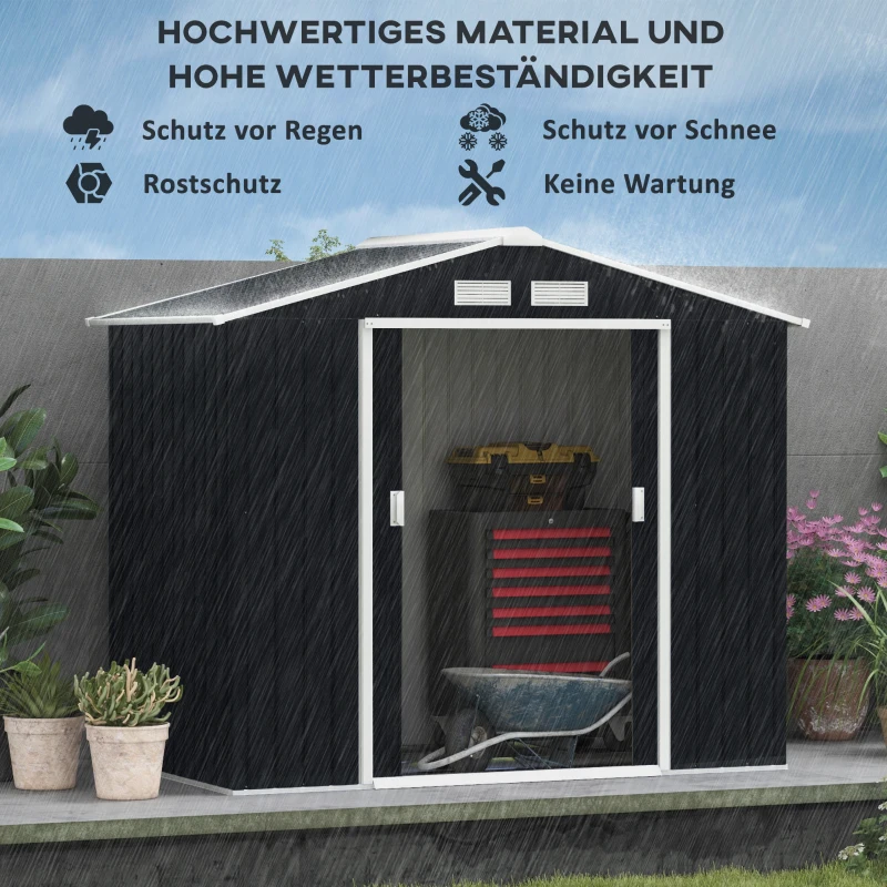 Outsunny Geräteschuppen mit Schiebetüren 2,13 x 1,30 x 1,85cm Metall Kohlegrau