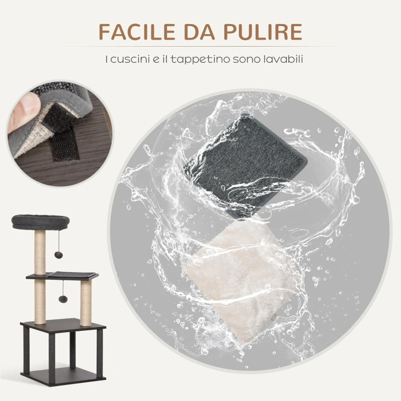 PawHut Albero Tiragraffi per Gatti con Casetta, Lettino e Pali in Sisal, 40x40x104cm, Grigio