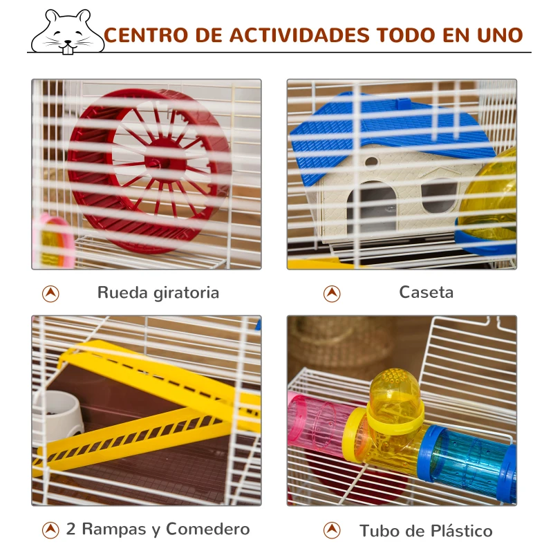 PawHut Jaula para Hamster Casa para Ratoncillos Roedores Animal Pequeño con Escalera, Pista, Molino de Viento Accesorios Incluidos 62x29x52cm