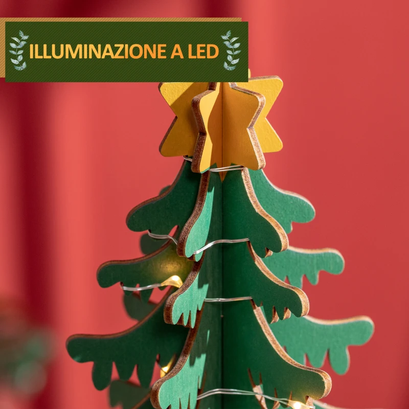 HOMCOM Calendario Avvento di Natale a Cono con Motivi a Tema e 10 Luci a LED, 22x22x35 cm, in Compensato, Rosso Verde e Giallo