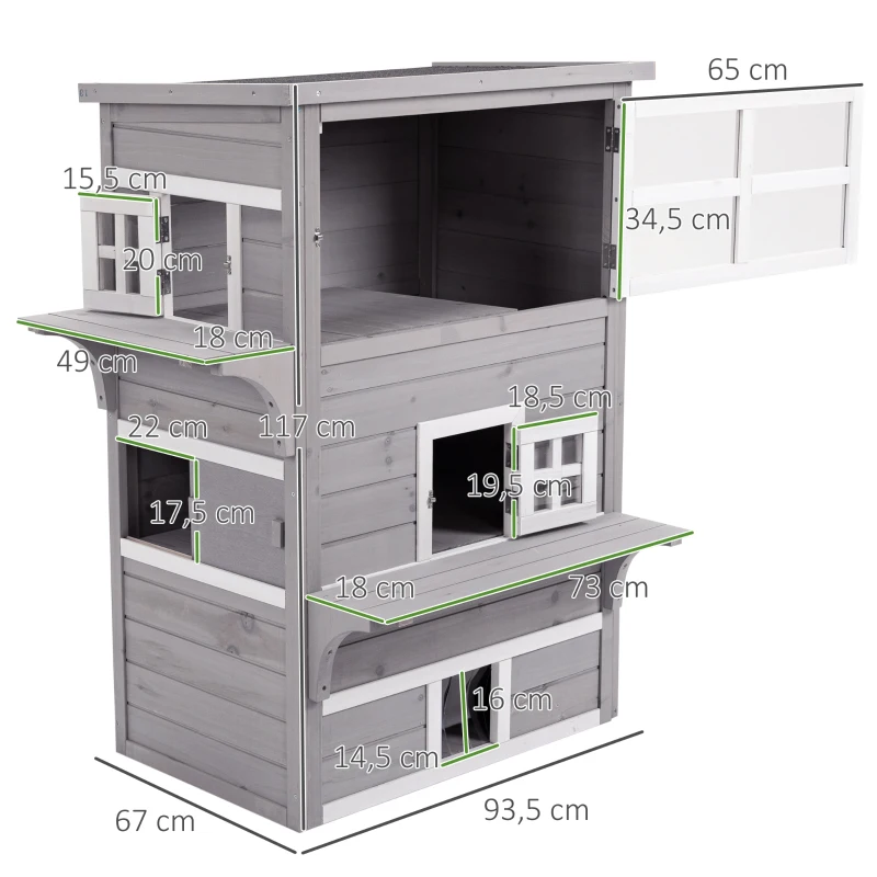 PawHut Caseta para Gatos de Madera Exterior Casa Grande para Gatos de 3 Pisos con Múltiples Entradas Ventanas y 2 Plataformas para Terraza Balcón Jardín 93,5x67x117 cm Gris