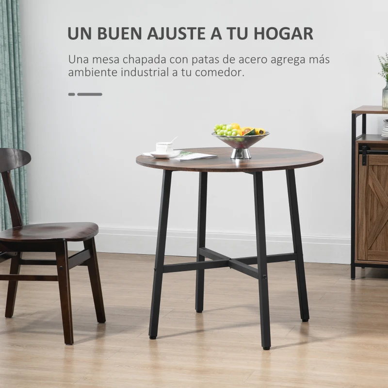 HOMCOM Mesa de Comedor Redonda Mesa de Cocina para 4 Personas con Patas de Acero para Salón Ø80x76 cm Marrón Rústico y Negro