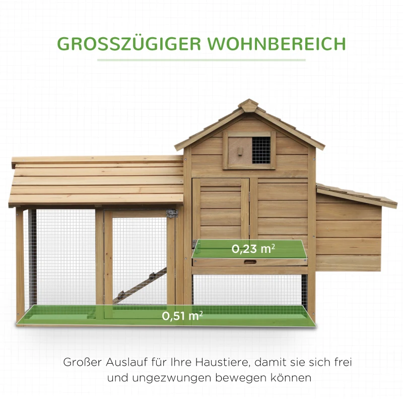 PawHut Zwerghühnerstall Zwerghühnerhaus mit Nistkasten Zwerghühnervoliere Auslauf Geflügelstall mit Rampe Tannenholz Natur 150,5 x 54 x 87 cm