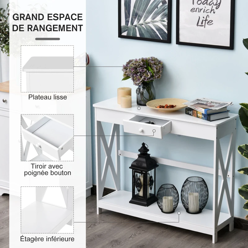 HOMCOM Table Console Table d'entrée avec 1 tiroir + 1 étagère dim. 100L x 30l x 81H cm en bois Blanc