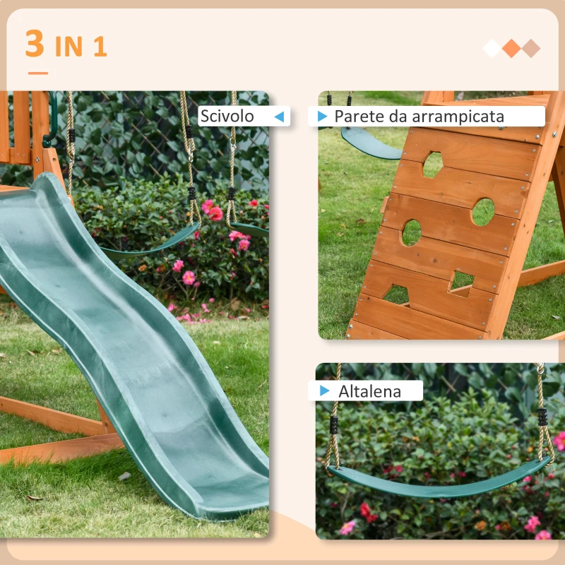 Outsunny Set con Scivolo, 2 Altalene da Giardino e Parete da Arrampicata in Legno per Bambini Età 3-8 Anni
