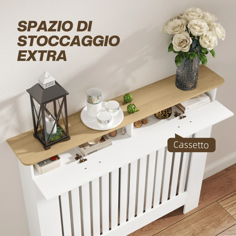 HOMCOM Copritermosifone a Doghe Antiribaltamento con Cassetto Portaoggetti, in Legno, 112x19x97 cm, Bianco