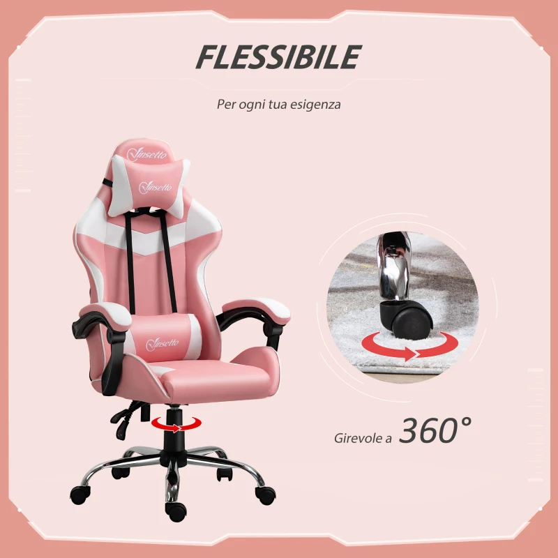 Vinsetto Sedia da Gaming Ergonomica con Poggiatesta, Altezza Regolabile e Reclinabile, Poltrona Girevole con Ruote, 63x67x119-127cm, Rosa