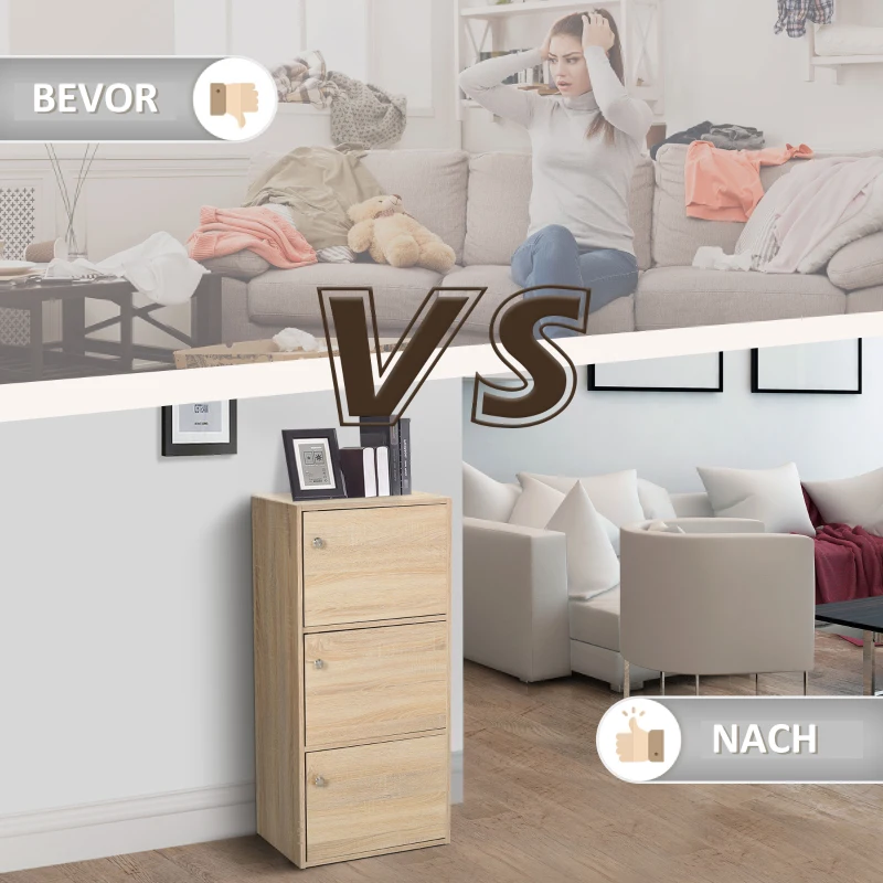 HOMCOM Standschrank, Aktenschrank, Mehrzweckschrank, Büroschrank, Beistellschrank mit 3 Türen MDF-Platten, Natur, 48 x 34 x 100 cm