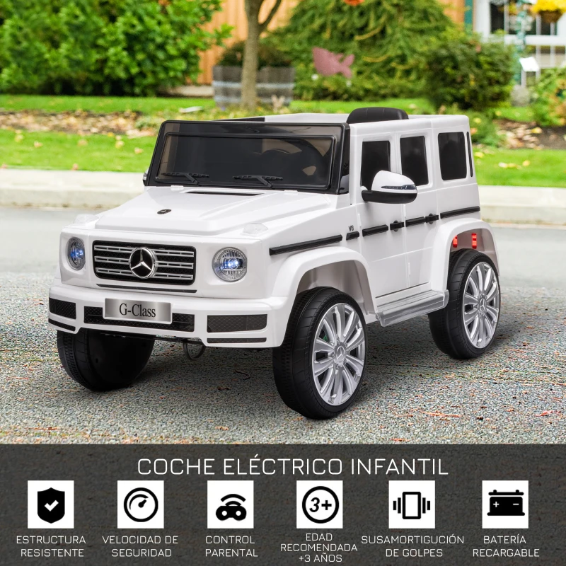 HOMCOM Coche Eléctrico para Niños de Batería 12 V BENZ G500 con Control Remoto Música Bocina 3-5 km/h Carga 30 kg Blanco