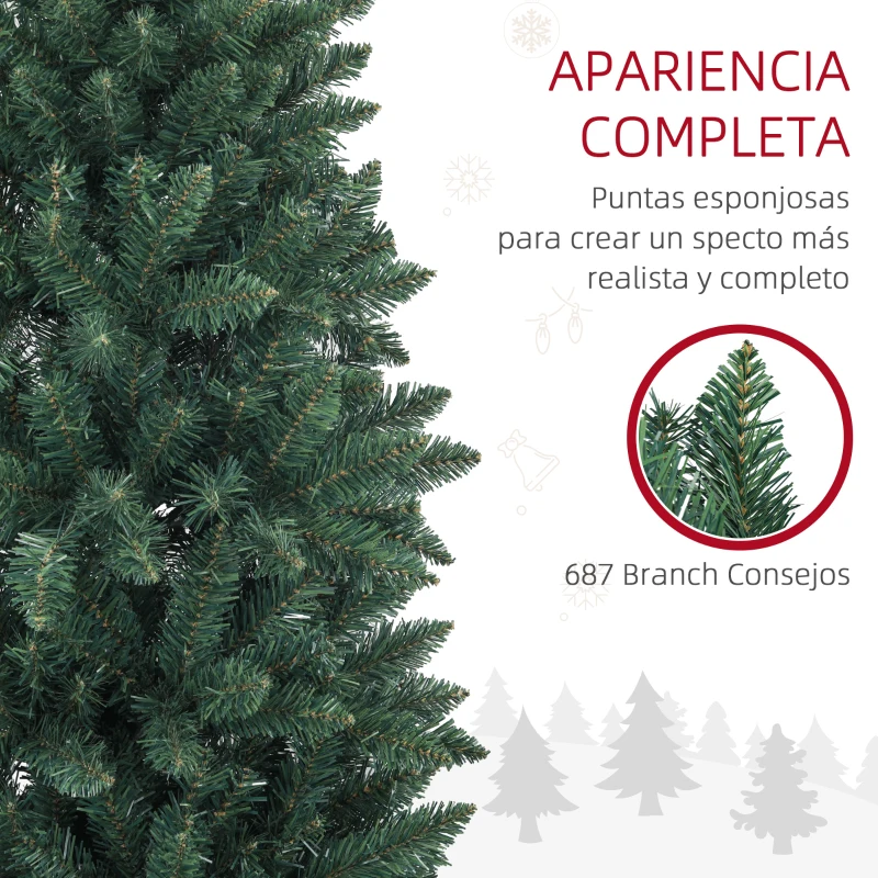 HOMCOM Árbol de Navidad Tipo Lápiz 210 cm con Base Plegable y 687 Ramas para Dormitorio Oficina Verde