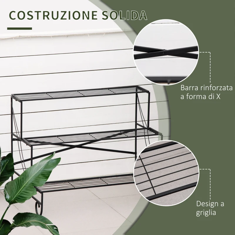 Outsunny Portapiante in Ferro Battuto, Scaletta Porta Vasi da Esterno a 3 Livelli, Nero