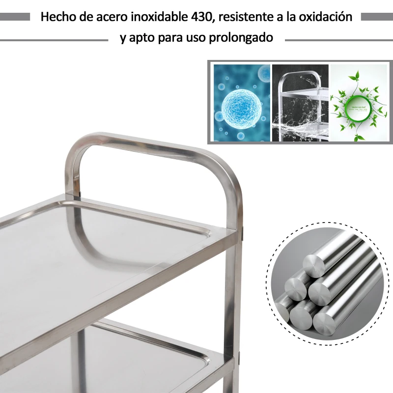 HOMCOM Carrito Auxiliar con Ruedas de Acero Inoxidable 90,5x50,5x88,2 cm Carrito de Cocina con Bandejas y 2 Brazos Plata
