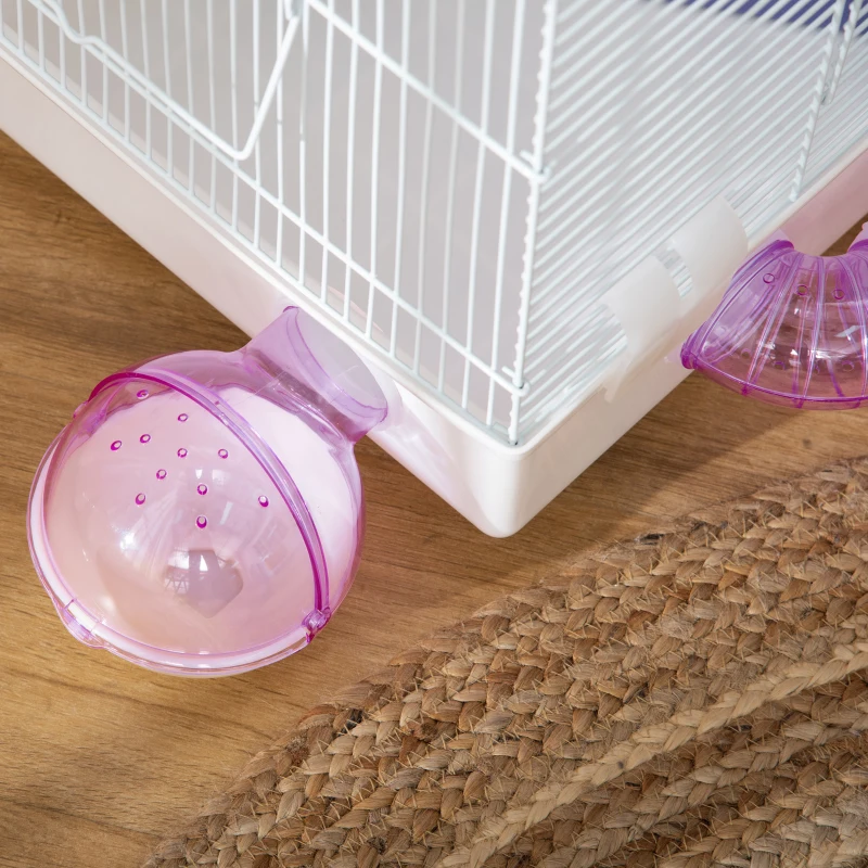 PawHut 2 Tier Hamster Cage Gerbil Rodent House Small Animal Habitat with Exercise Wheels Tunnel Tube Water Bottle Dishes Ladder, White