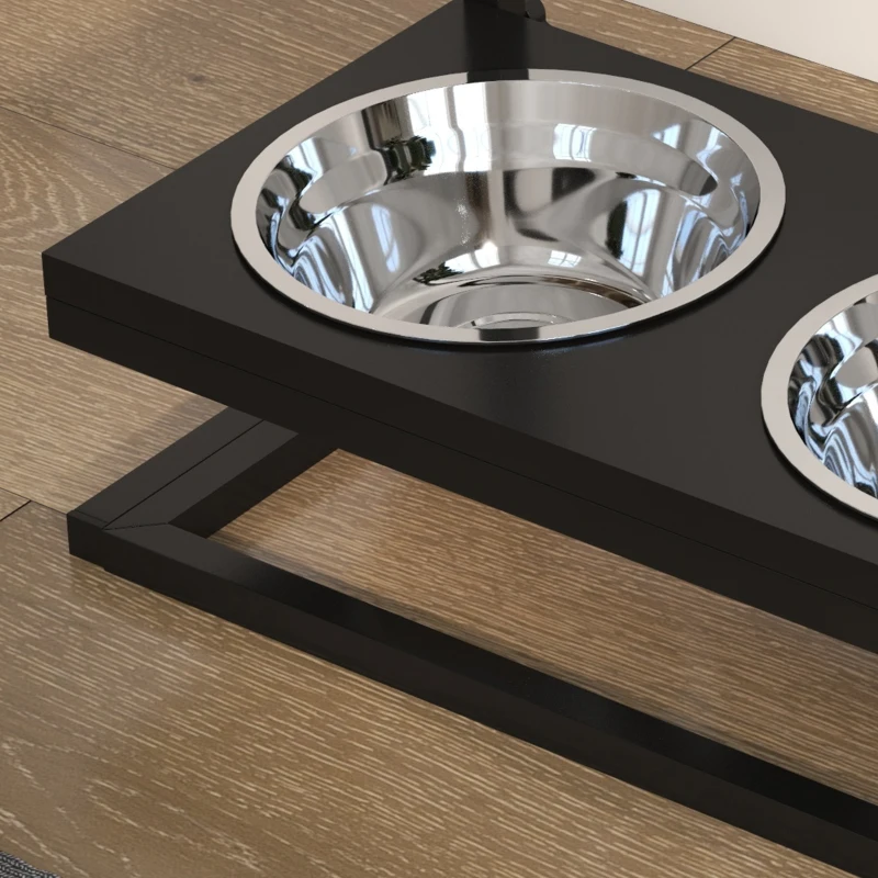 PawHut Comedero Elevado para Perros con 2 Tazones de Acero Inoxidable Altura Ajustable y 1 Placa de Metal 40,5x22x39 cm Negro