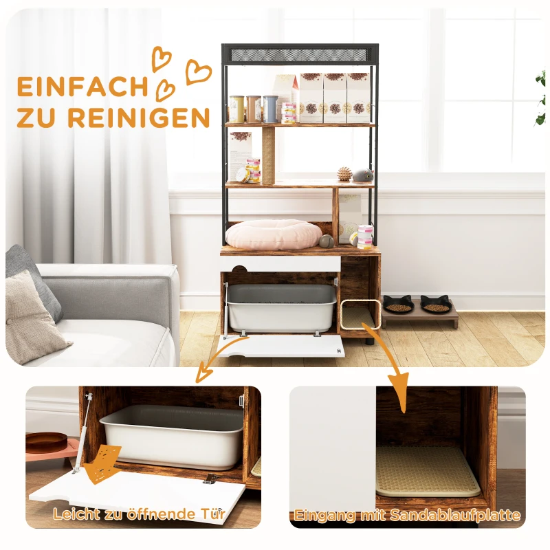 PawHut Katzentoilette mit 3-Ebenen-Regal und Kratzpfosten, geschlossenes Katzenklo, 80 x 48 x 152 cm, Braun(m-5)
