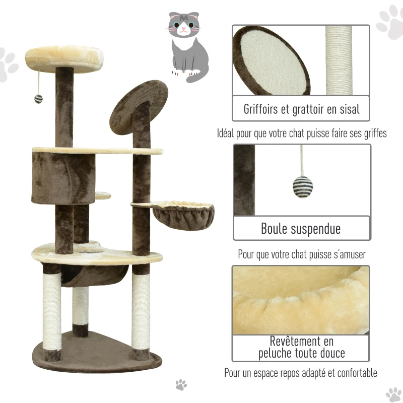 PawHut Arbre à chats centre d'activités griffoirs grattoir sisal niche hamac plateformes boule suspendue revêtement peluche courte 65L x 50l x 153H cm beige café