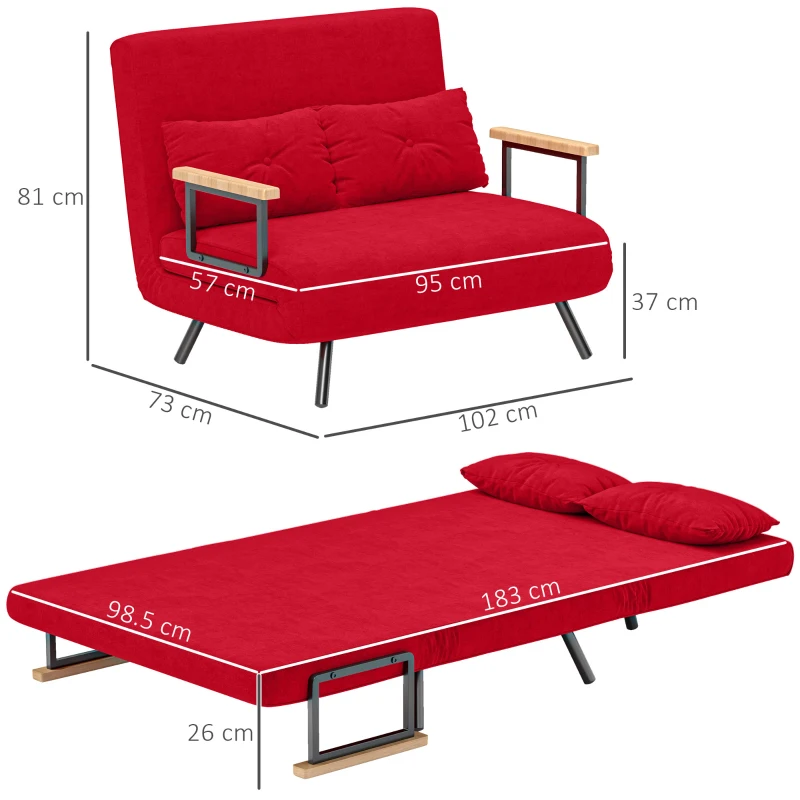 HOMCOM Divano Letto in Tessuto Effetto Velluto con Schienale Regolabile e 2 Cuscini, 102x73x81 cm, Rosso