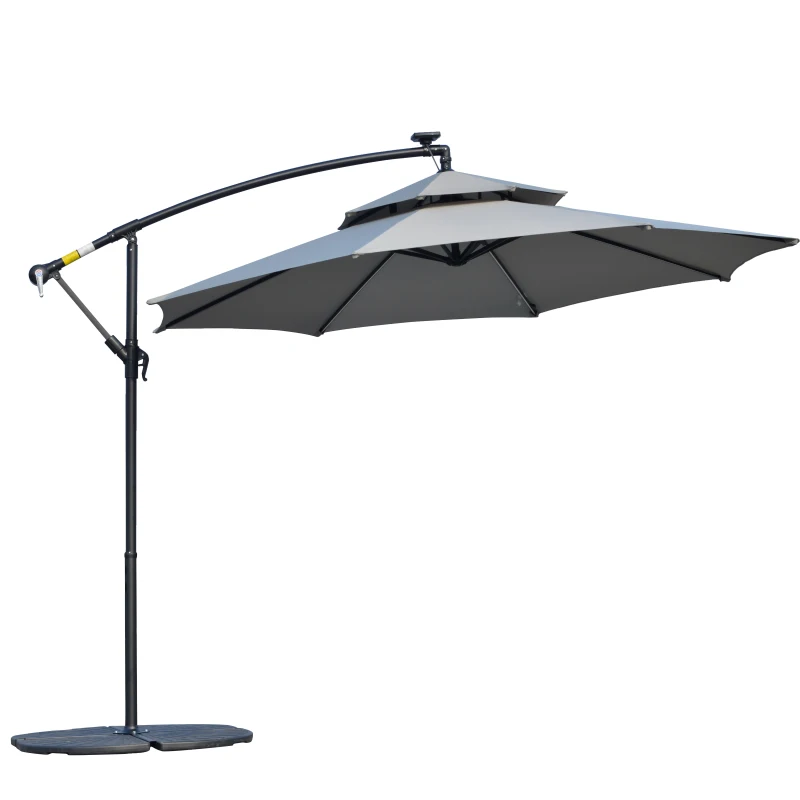 Outsunny 3(m) Cantilever Banana Parasol Hanging Umbrella with Double Roof, LED Solar lights, Crank, 8 Sturdy Ribs and Cross Base for Outdoor, Garden, Patio, Light Grey